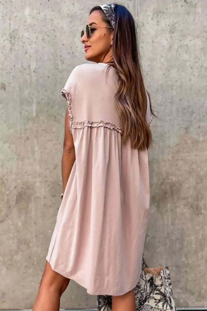 Oatmeal Frilled Trim Crew Neck Loose Fit Mini Dress Stylish - Love Salve